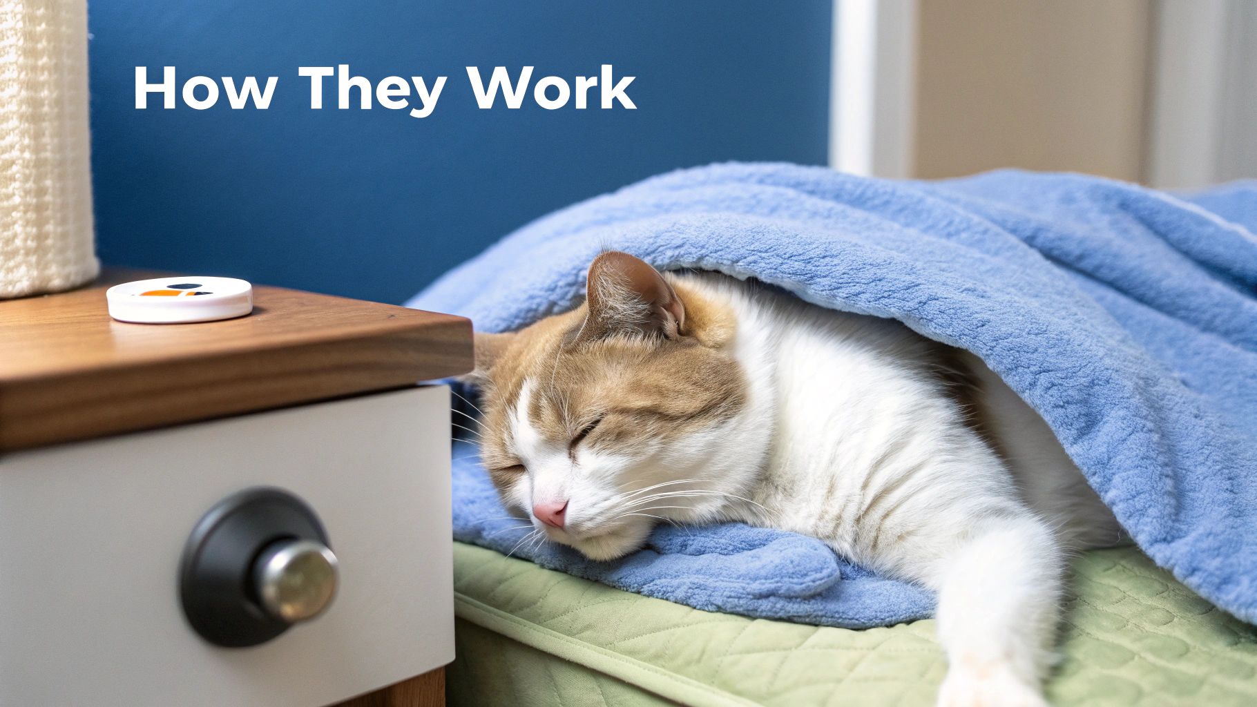 A tranquil brown and white cat is soundly sleeping under a blue blanket.