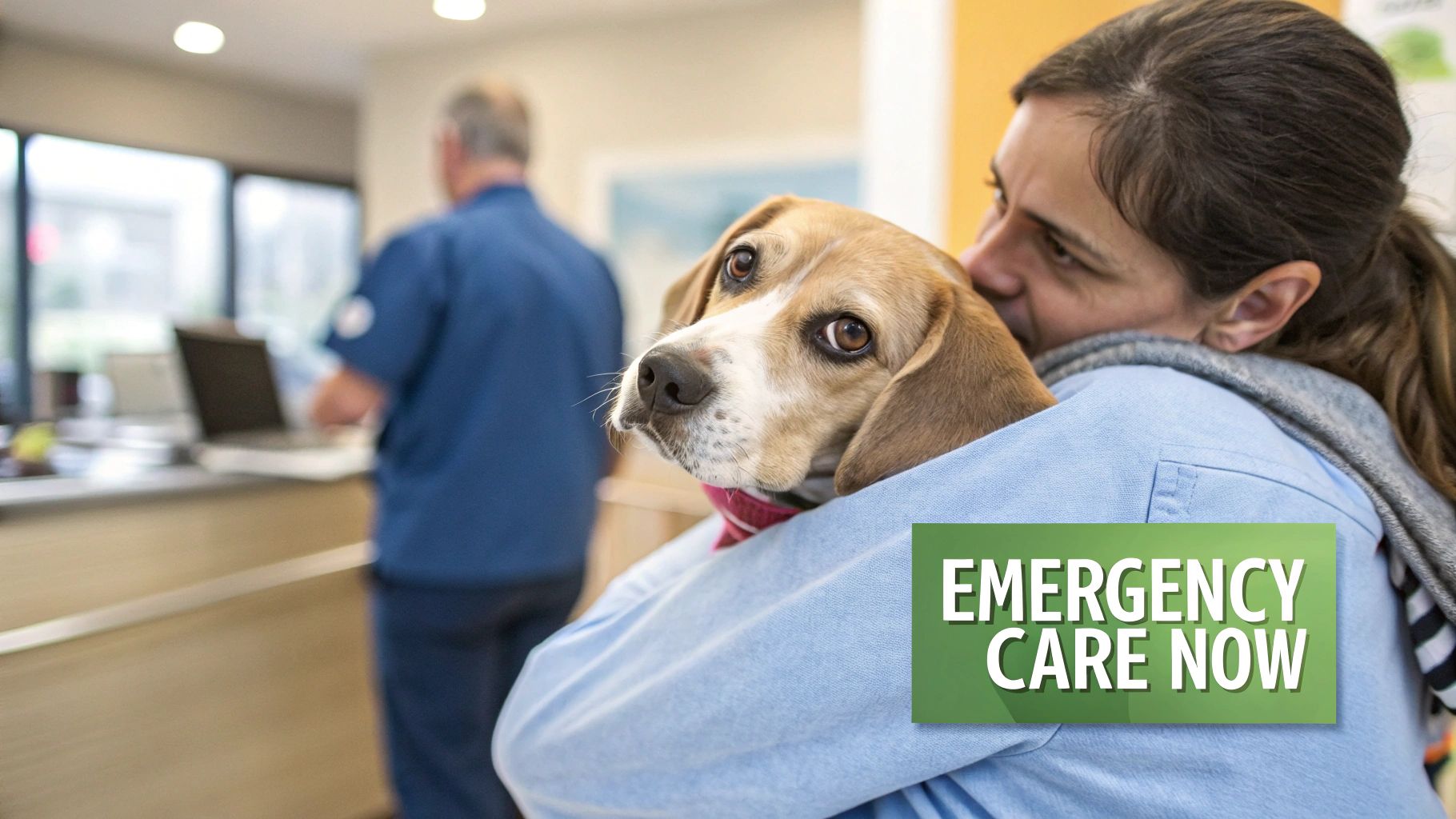 A concerned woman lovingly cradles her beagle dog at a veterinary clinic, highlighting emergency care.