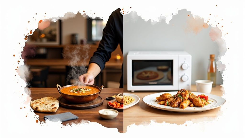 Warm, inviting interior of an Indian restaurant with tables set for dining