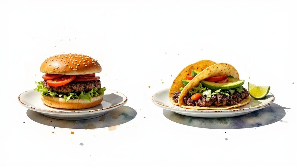 Healthy plant-based burger and tacos with fresh vegetables on white plates.