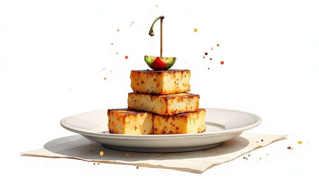 A stack of golden-brown grilled paneer cheese cubes, garnished with a chili on a white plate.