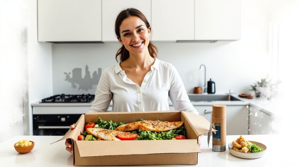 Smiling woman in a modern kitchen holding an open healthy meal delivery box with fish and salad.