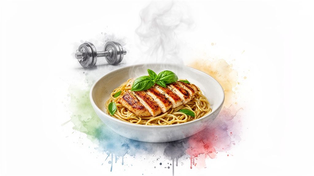 Steaming bowl of grilled chicken pasta with basil, alongside a dumbbell, on a colorful watercolor background.