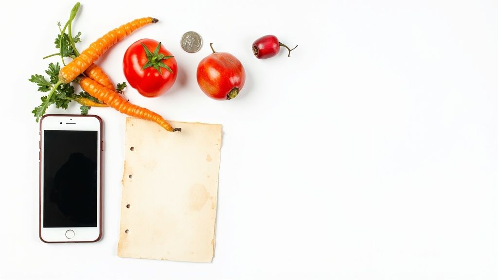 A flat lay of fresh carrots, a red tomato, old paper, and a smartphone on white.