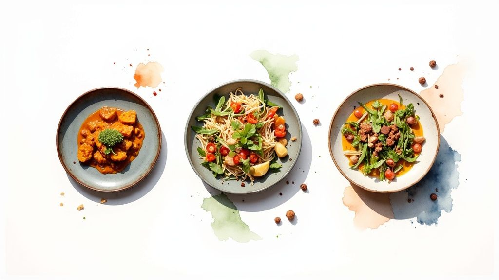 Overhead view of three colorful and healthy vegan meal bowls with pasta, curry, and salad.