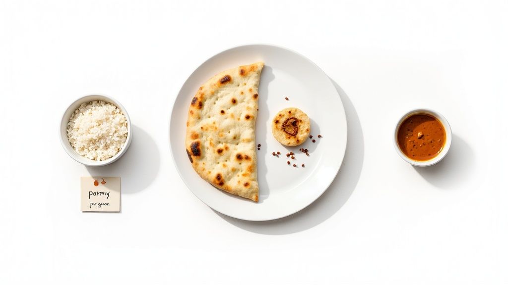 An Indian meal laid out on a white background, featuring rice, naan bread, a small pastry, and a bowl of curry.