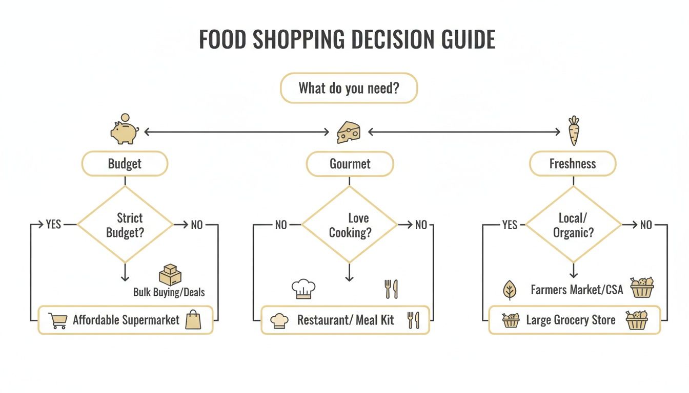 A flowchart guiding food shopping decisions based on budget, gourmet preferences, or freshness needs, leading to various store types.