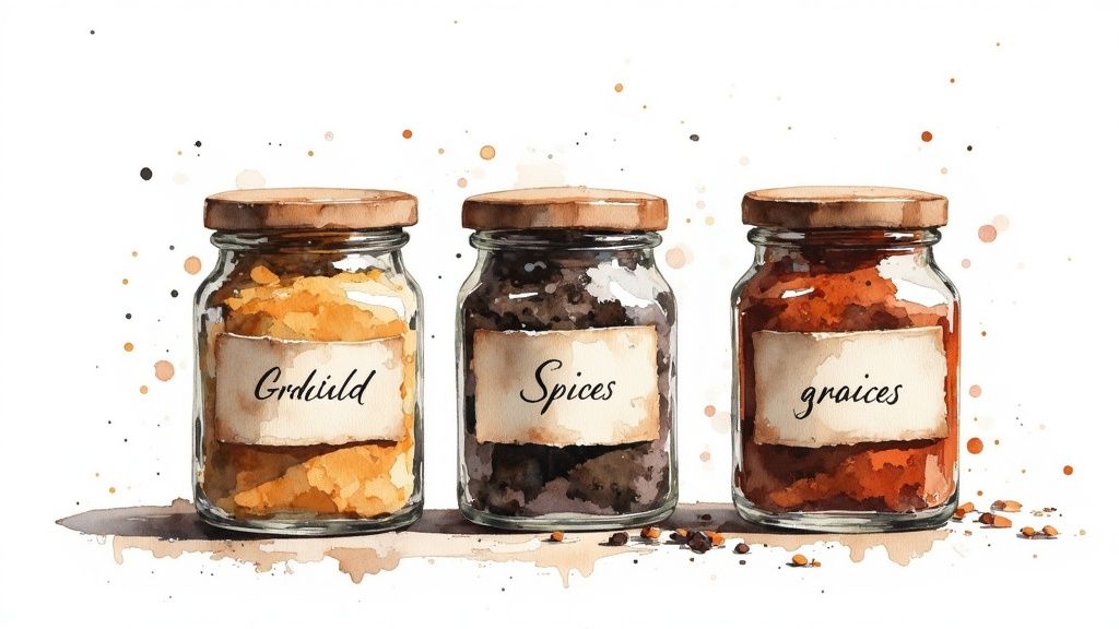 A collection of vibrant Indian spices neatly stored in glass jars on a dark wooden shelf.