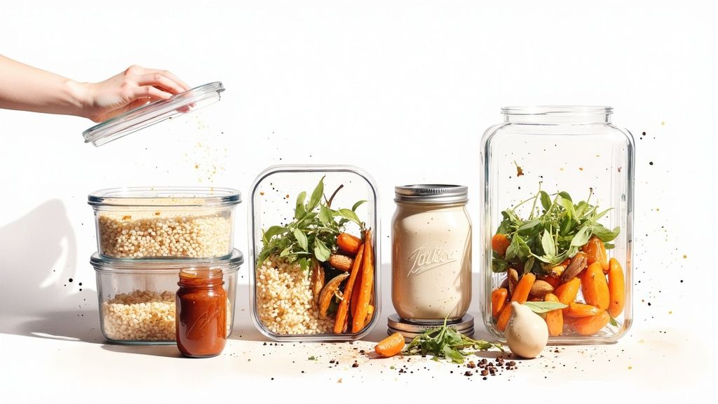 A hand opening a food container, with several glass containers filled with plant-based meal prep ingredients.