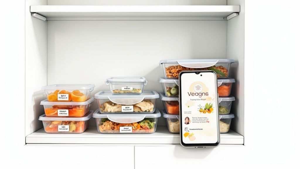 Clear food containers with labeled meal prep organized on a kitchen shelf next to a smartphone showing a vegan app.