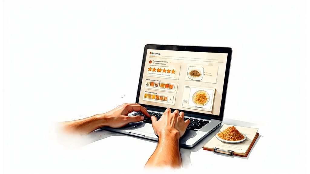 Hands typing on a laptop displaying food products and ratings, with a plate of spices.