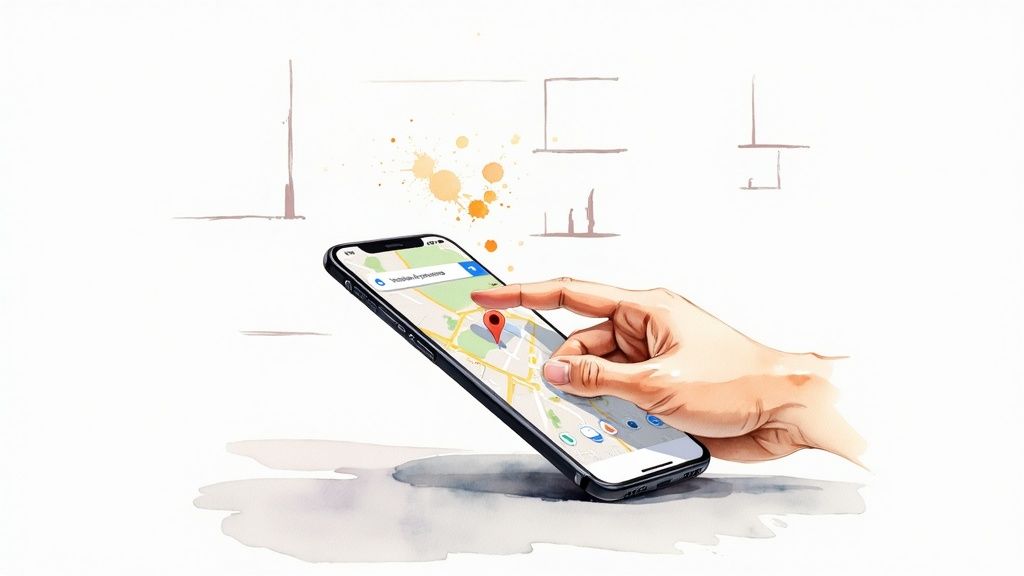 Watercolor illustration of a hand using a smartphone with a map application showing a location pin.