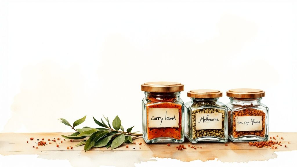 Watercolor illustration of three spice jars on a wooden surface with curry leaves and loose spices.