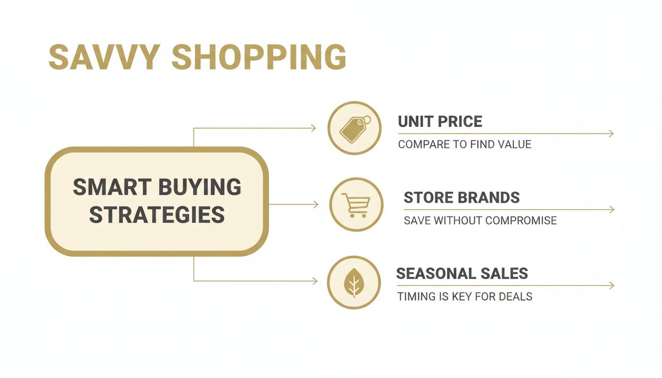 An infographic detailing savvy shopping and smart buying strategies: unit price, store brands, and seasonal sales.