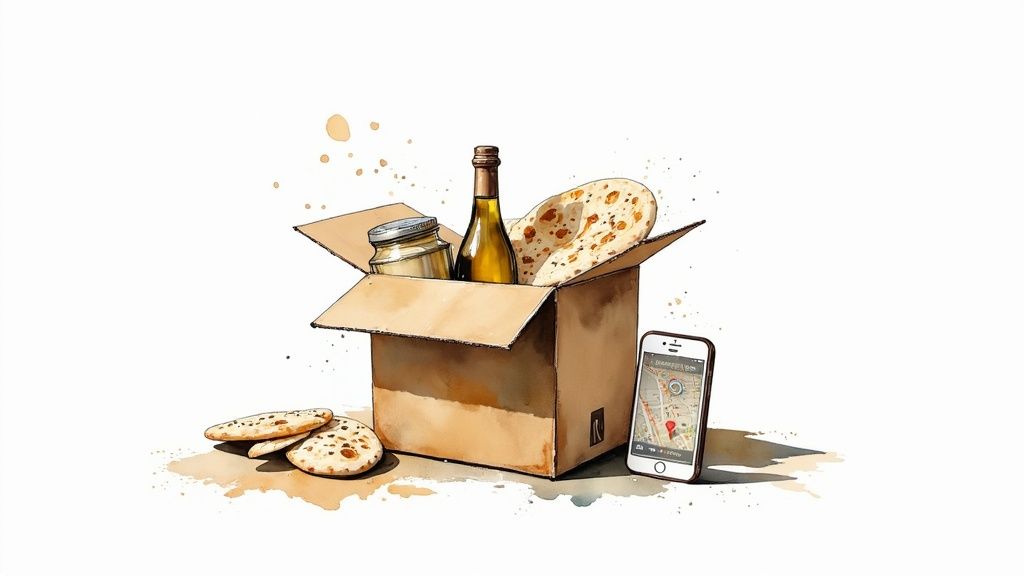 A person shopping for groceries online on a laptop, with a colourful assortment of Middle Eastern foods displayed on the screen.