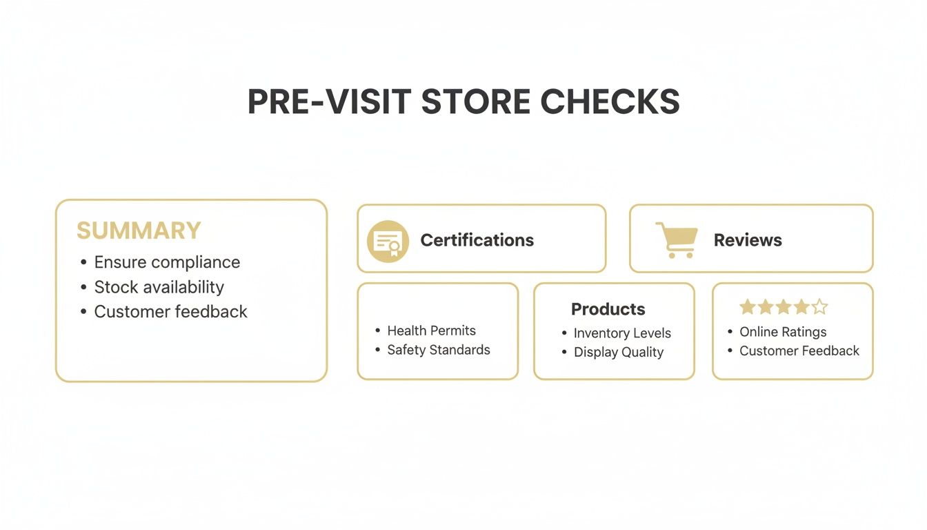 A diagram outlining pre-visit store checks, covering compliance, stock, certifications, products, and customer reviews.