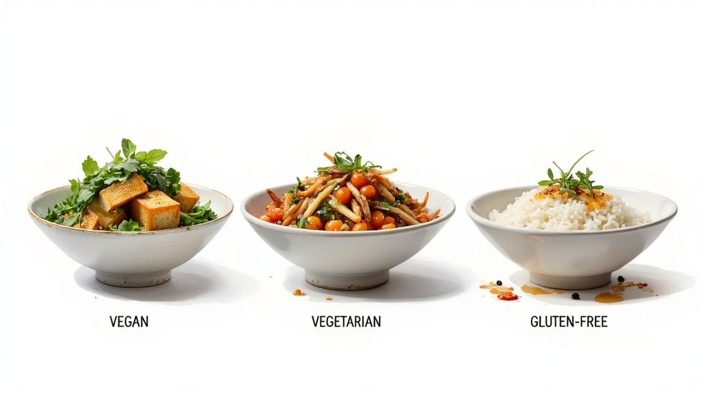 A close-up of a vibrant vegetarian dish with assorted vegetables in a dark bowl, ready to be served.