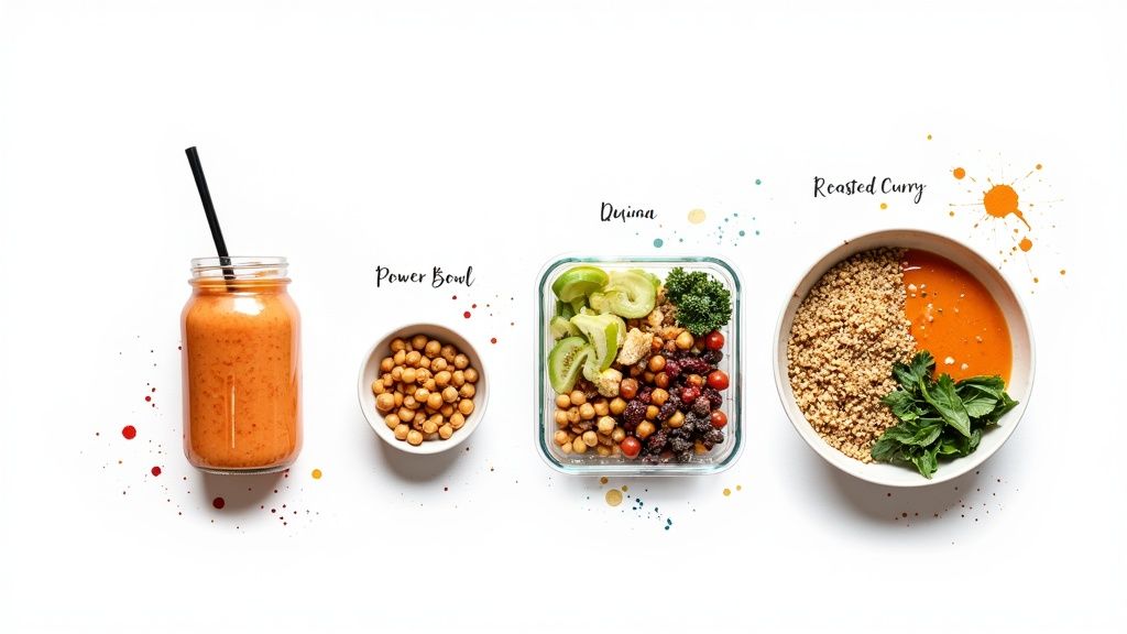 A top-down view of various high-protein plant-based meals, including a smoothie, chickpea power bowl, quinoa salad, and roasted curry.