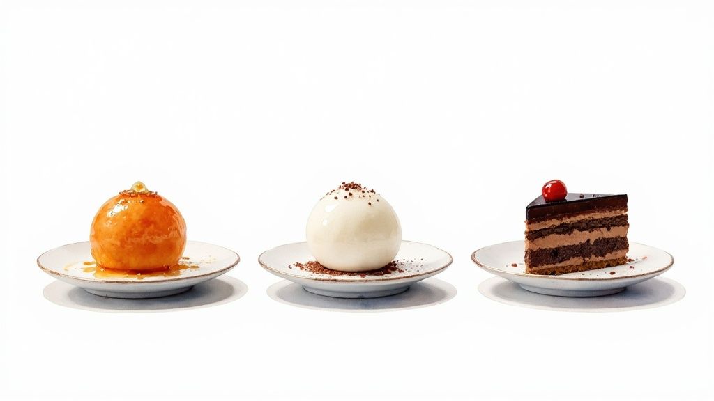 Three elegant desserts on white plates: an orange gulab jamun, a white sphere, and a chocolate cake.