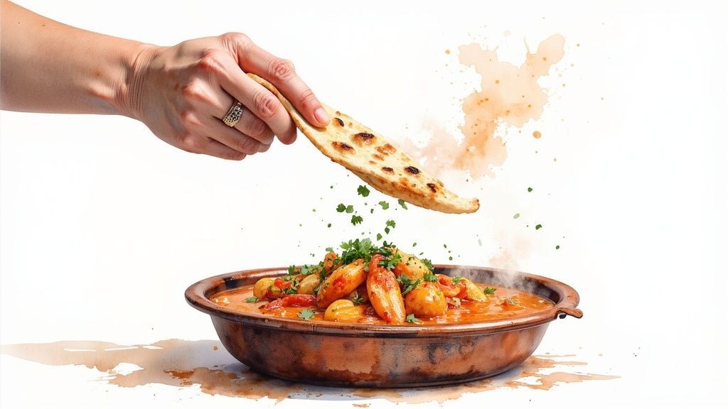 A delicious spread of Indian dishes including curries, rice, and naan bread