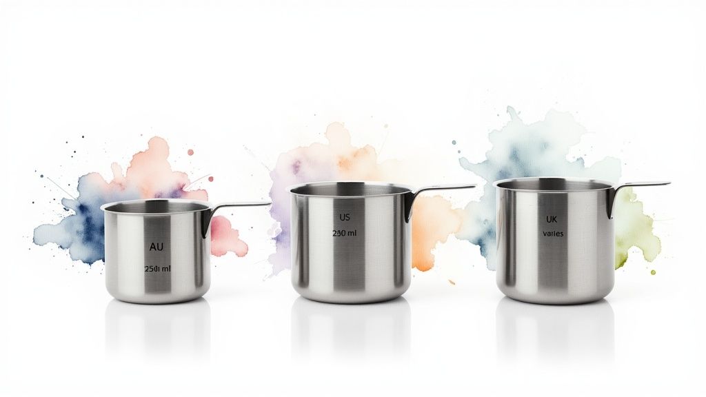 Three stainless steel measuring cups labeled AU 250ml, US 240ml, and UK, with watercolor splashes.