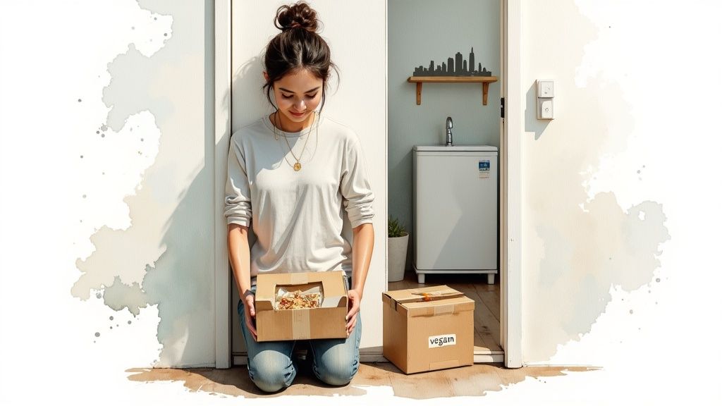 A young woman kneels, opening a vegan meal delivery box, with another 'vegan' labeled box nearby.