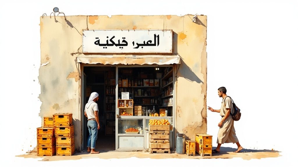 A vibrant aisle in an Arabic supermarket filled with colourful spices and goods.