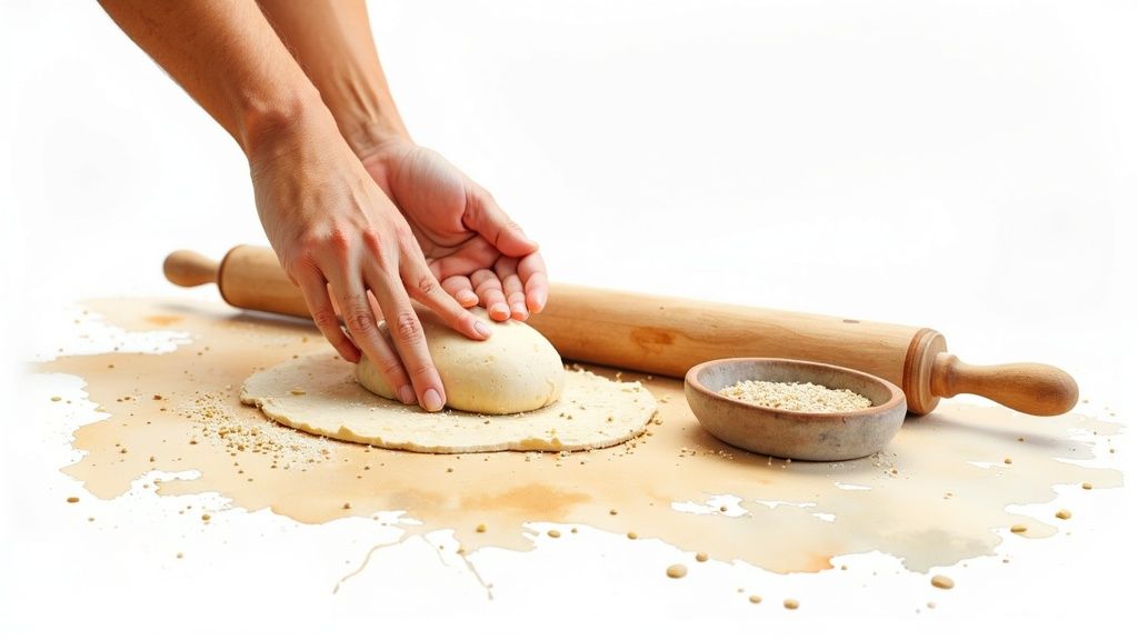 Hands rolling out gluten free dough with wooden rolling pin and flour on white surface