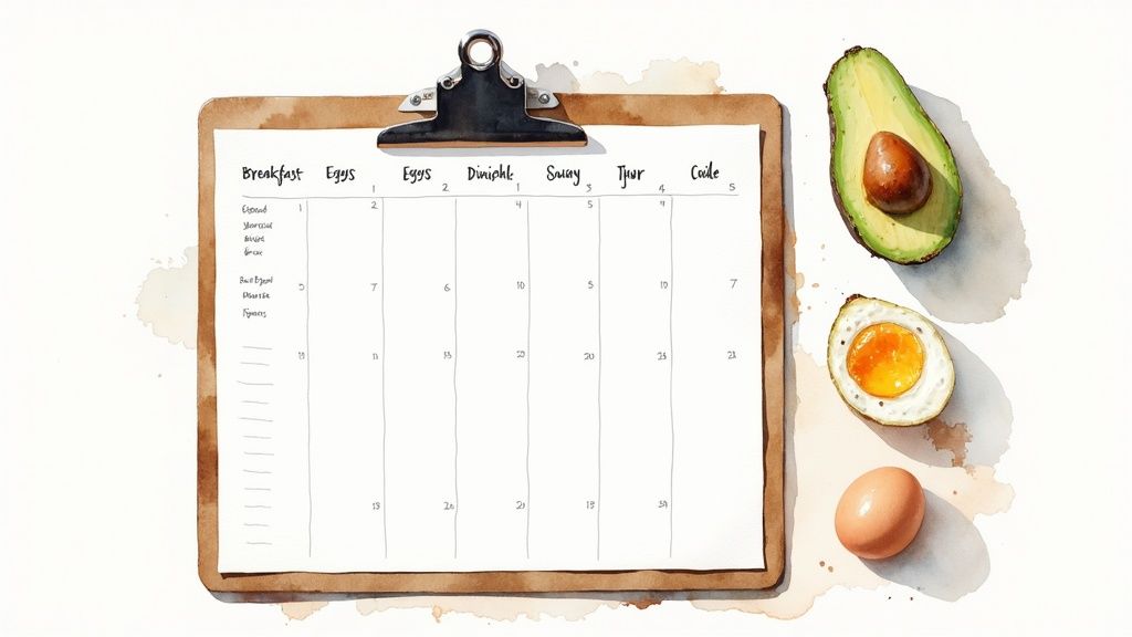 Weekly breakfast meal planning clipboard with eggs and avocado on white background