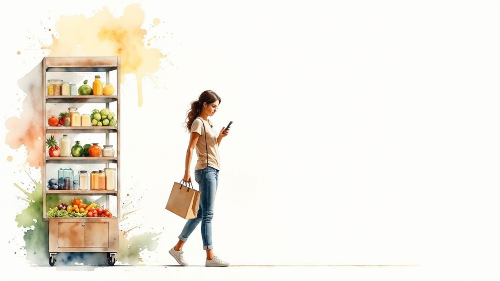 A woman with a shopping bag looks at her phone while walking past a watercolor-style food display.
