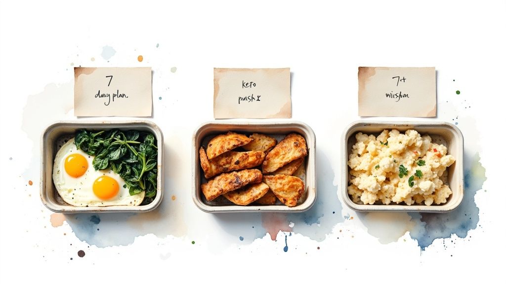 Three meal prep containers with healthy meals: eggs, spinach, roasted vegetables, and scrambled eggs.