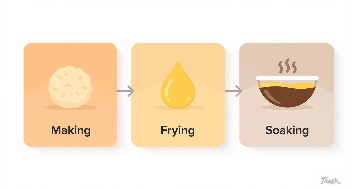 A three-step illustration shows making, frying, and soaking a gulab jamun in sweet syrup.