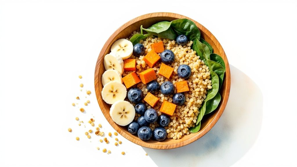 A vibrant wooden bowl with couscous, spinach, blueberries, sliced bananas, and diced sweet potato.