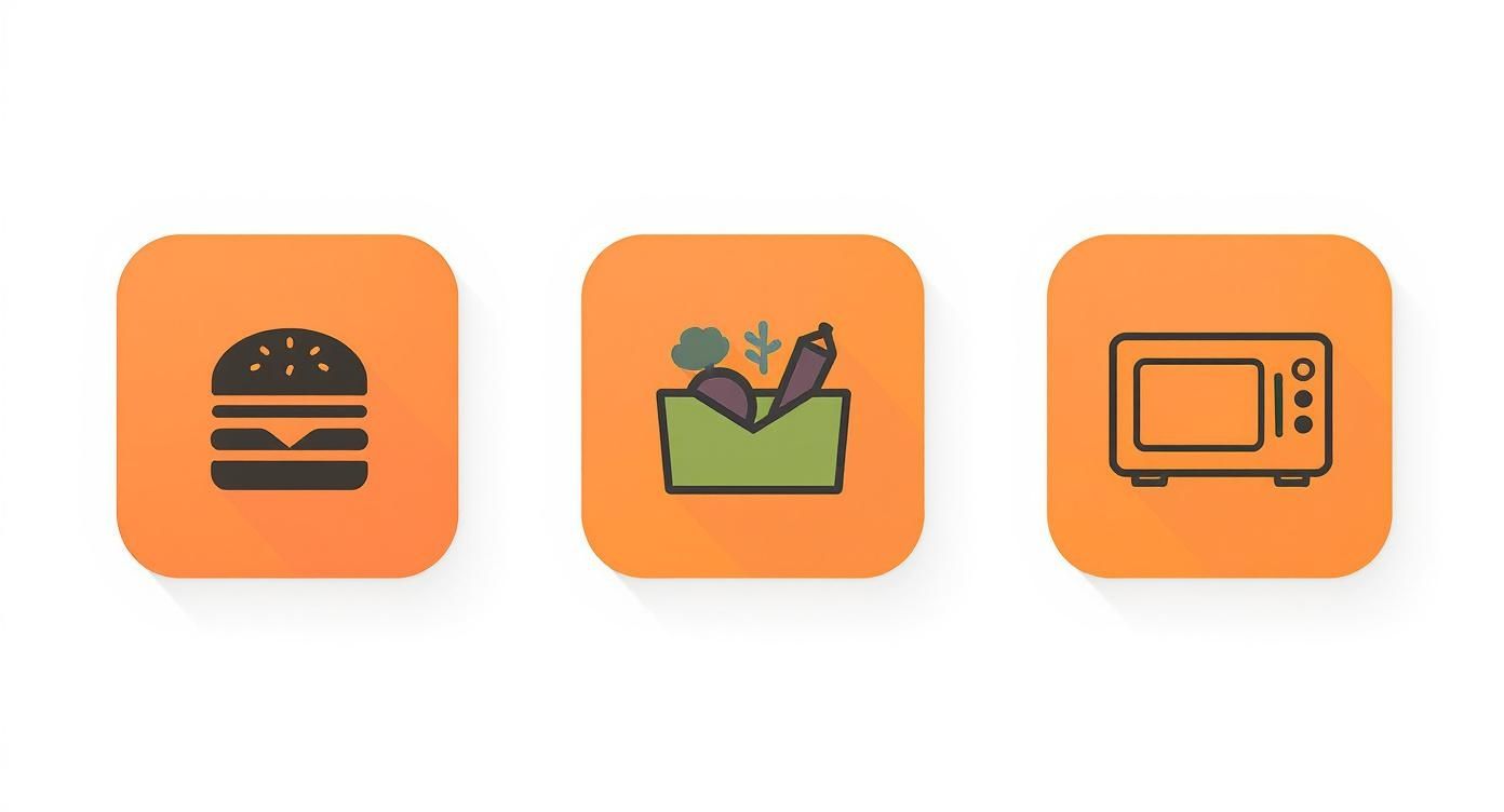 Three orange app icons showing hamburger, vegetable basket, and microwave oven for food delivery service