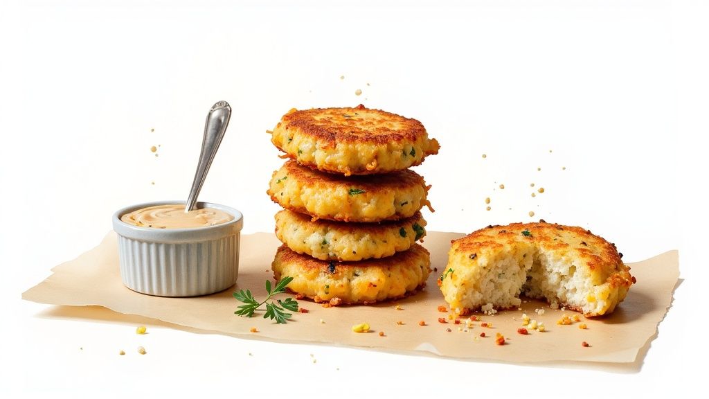 Golden crispy vegan fish cakes stacked on parchment paper with dipping sauce and garnish