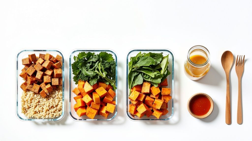 Three glass meal prep containers with high-protein vegetarian meals, dressing, and utensils on a white background.