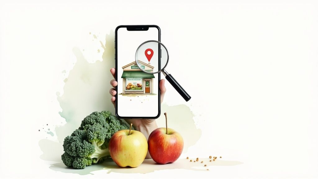 A hand holds a smartphone showing an organic health food store with a location pin, beside fresh broccoli and apples.