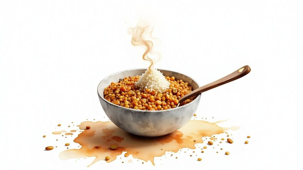 Steaming bowl of Indian dal and rice with a wooden spoon, surrounded by artistic watercolor spills.