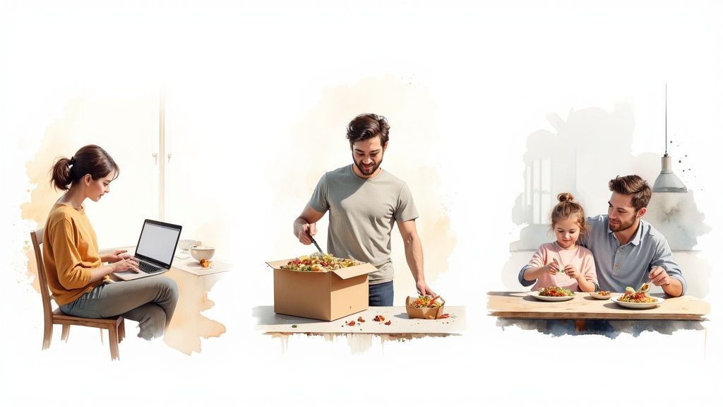 Three scenes showing people using food delivery service ordering meals online and eating together