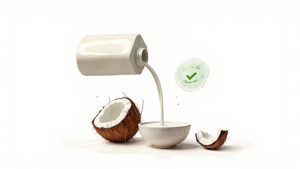 Coconut milk pouring from a carton into a white bowl, surrounded by cracked coconuts, featuring a gluten-free label.