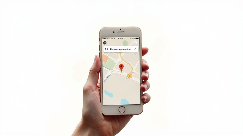 A person using their smartphone to search on a map application, looking for nearby stores.