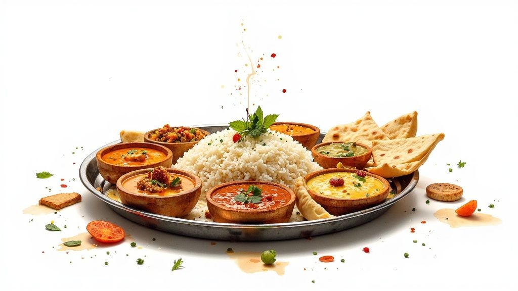 Traditional Indian thali platter with rice, curries, lentils, and naan bread arranged on metal plate