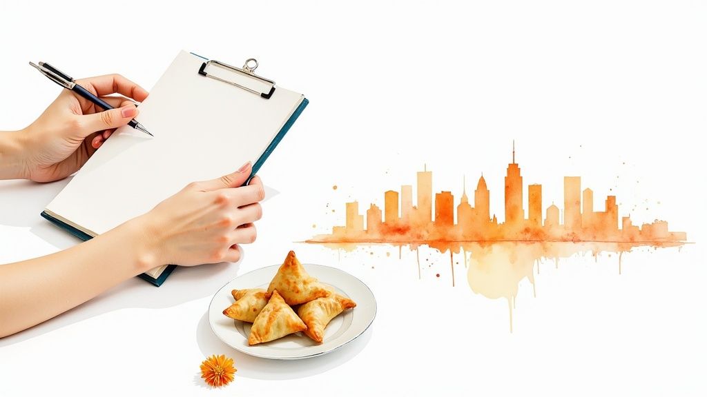 Hands writing on a clipboard next to samosas and an orange watercolor city skyline.