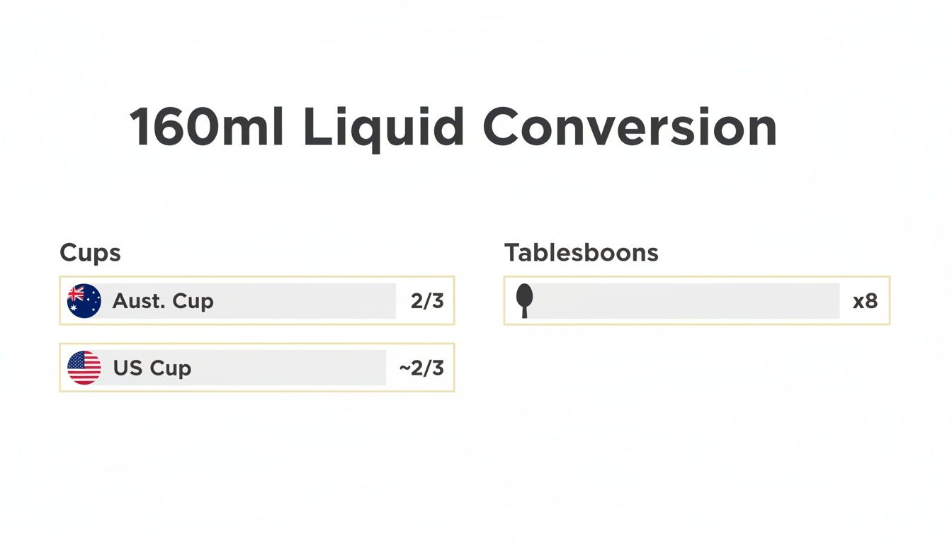 A conversion chart showing 160ml liquid equals 2/3 Australian Cup, ~2/3 US Cup, and 8 tablespoons.