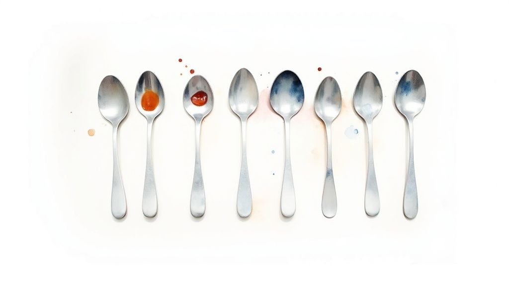 An artistic shot of eight metal spoons, two holding red liquid, others with blue paint, on white.