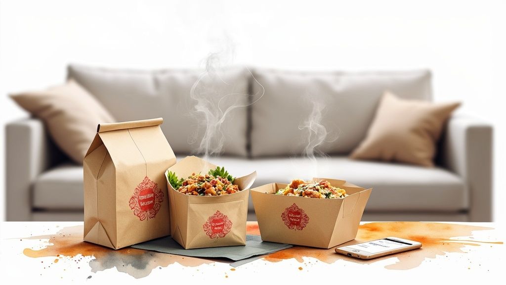 Steaming takeaway food in brown containers and a paper bag on a table, with a smartphone and a blurry sofa in the background.