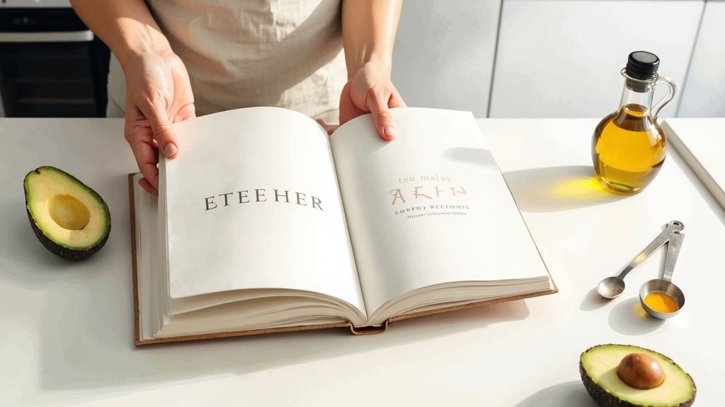 Hands hold an open cookbook on a white kitchen counter with avocados and olive oil.