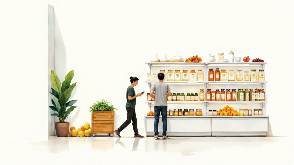 A person inspects fresh produce in a brightly lit international grocery store.