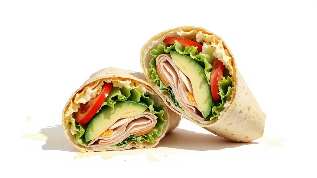 Two fresh turkey and avocado wraps cut in half, filled with lettuce and tomato, on a white background.