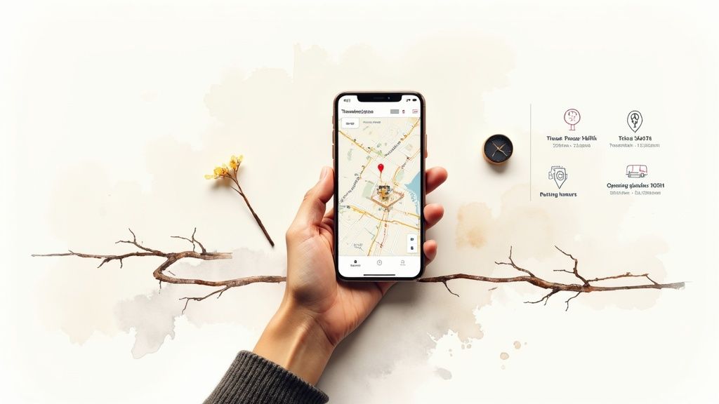 A hand holds a smartphone displaying a map, surrounded by decorative elements and information icons.